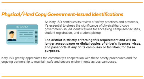 Physical Copy of Government-Issued IDs are necessary for accesing campuses/facilities, registration and student pickup